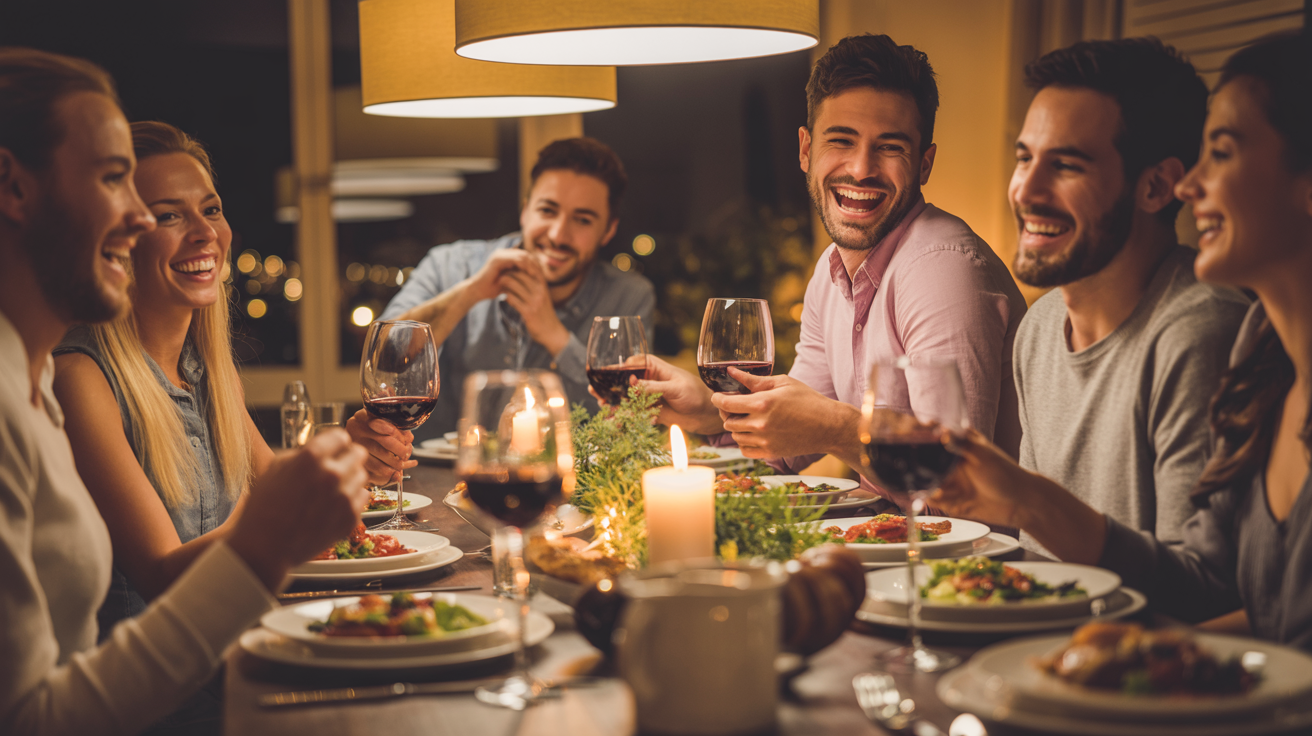 Friends enjoying a warm dinner party with candles and wine