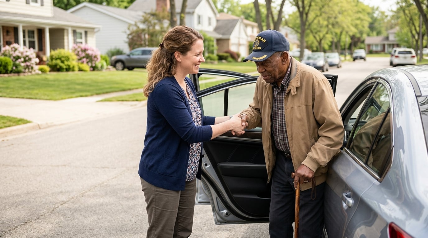 A White woman driver gently helping an elderly Black man veteran with a cane into a car for a ride to an appointment