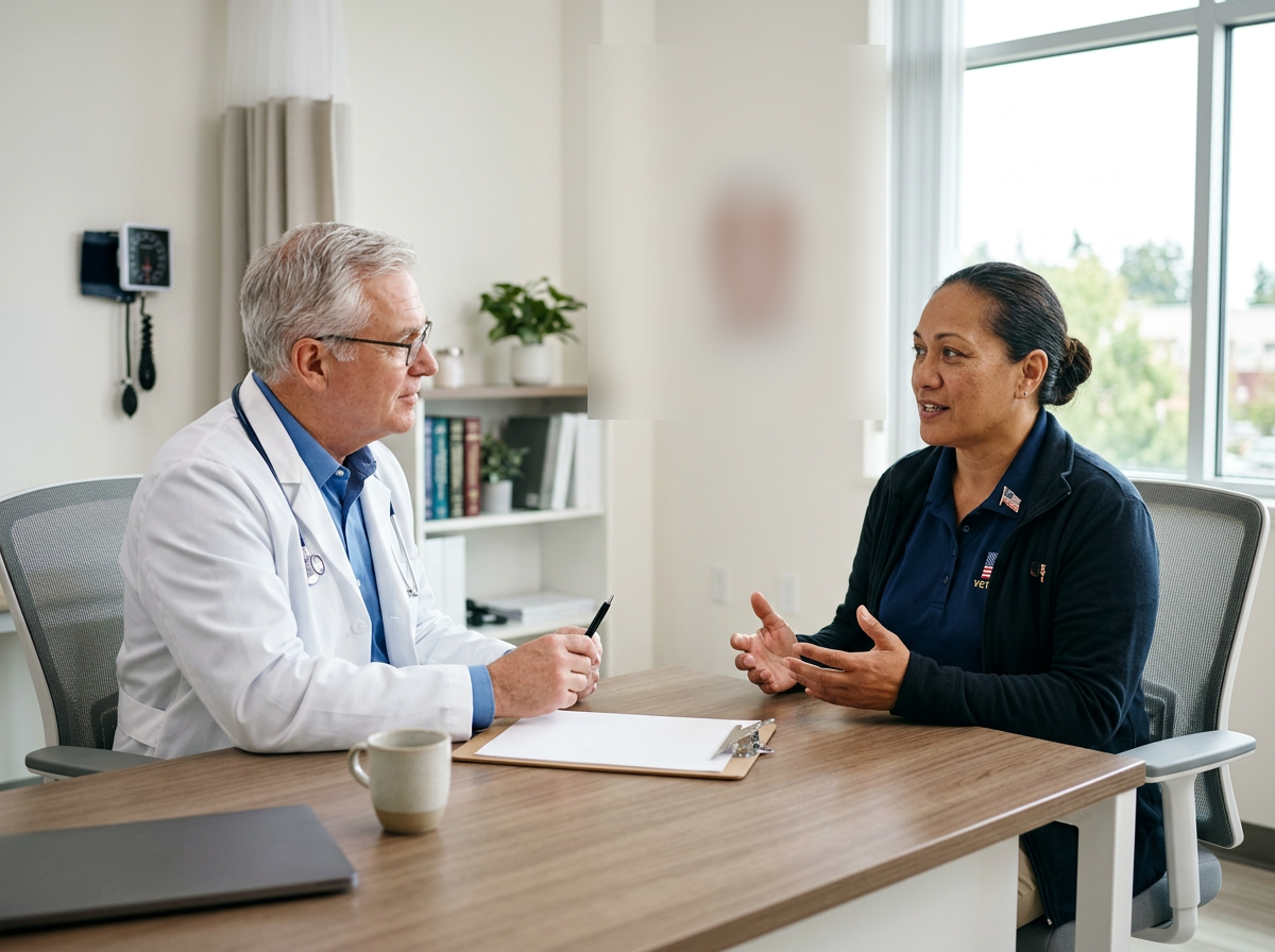 Physician interviewing Pacific Islander female veteran about daily living activities for aid and attendance evaluation