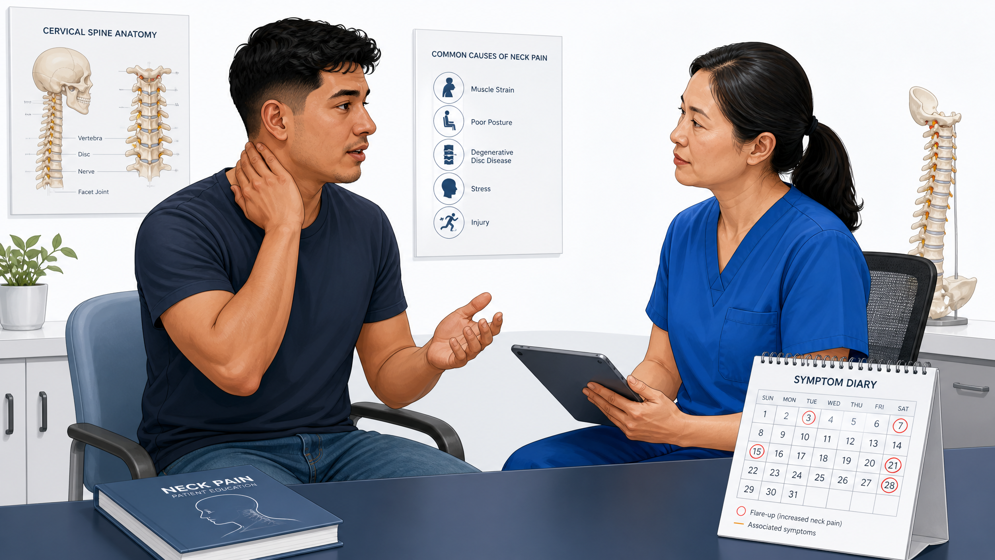 Clinician interviewing a seated patient about spinal flare-ups while the patient describes their symptoms