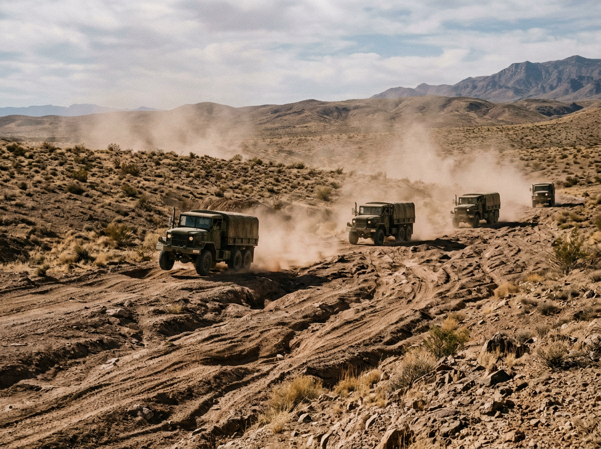 A military truck convoy on a rough road, years of jarring vehicle duty