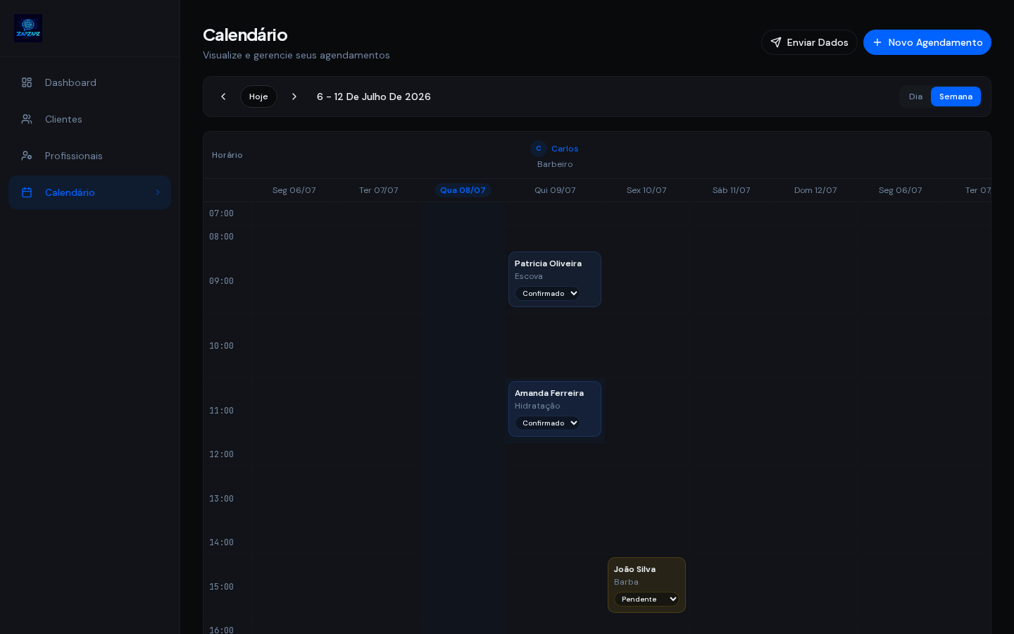 Calendário ZAPZAPZ — agendamento visual por profissional