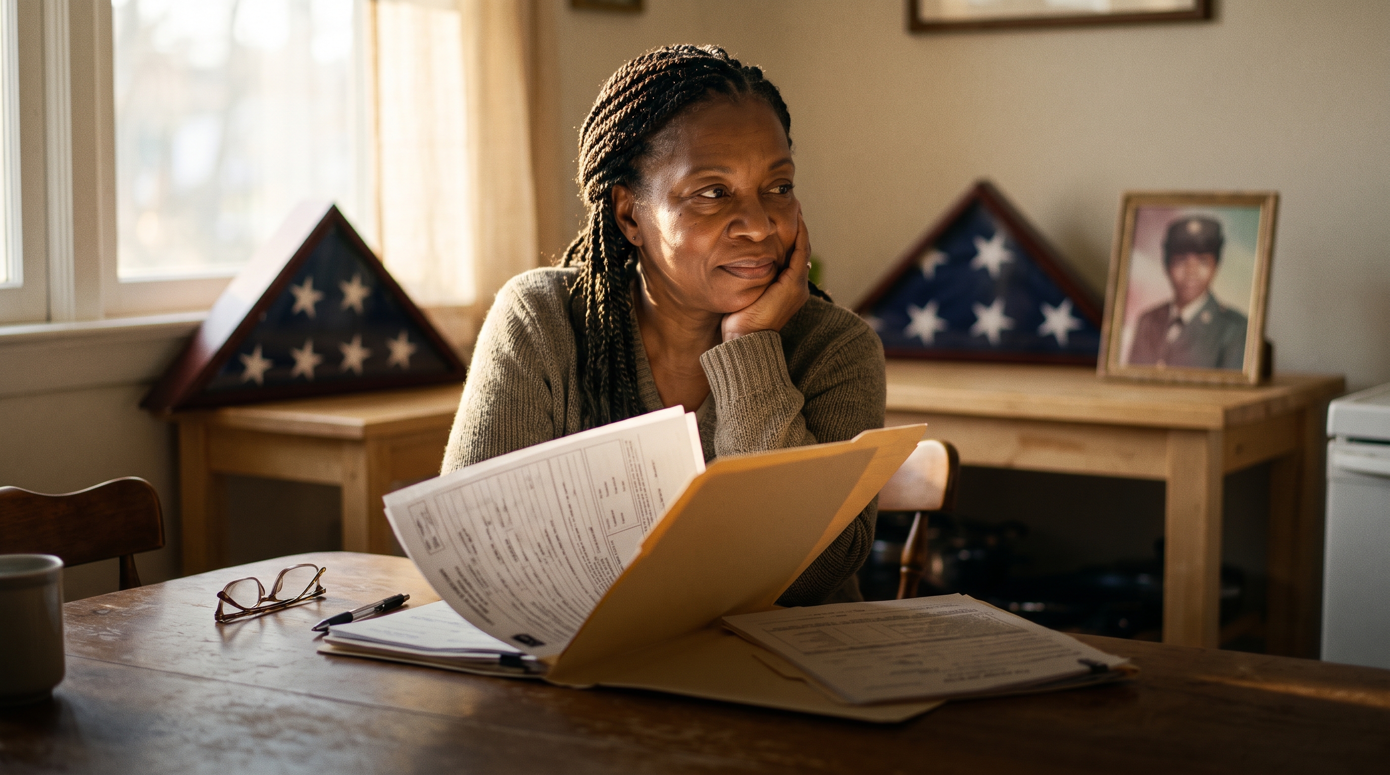 A veteran at her kitchen table reviewing service records and medical paperwork