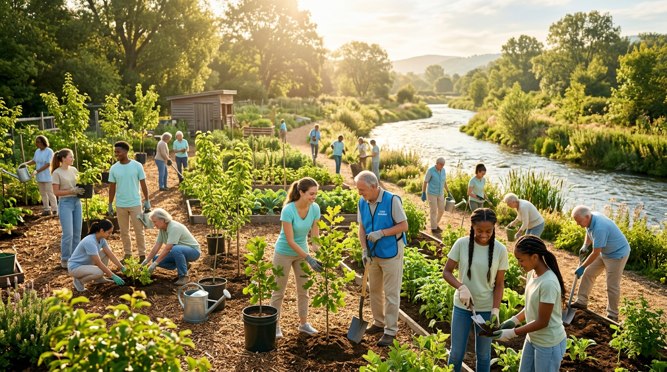 Young volunteers planting trees and caring for a green community space near flowing water