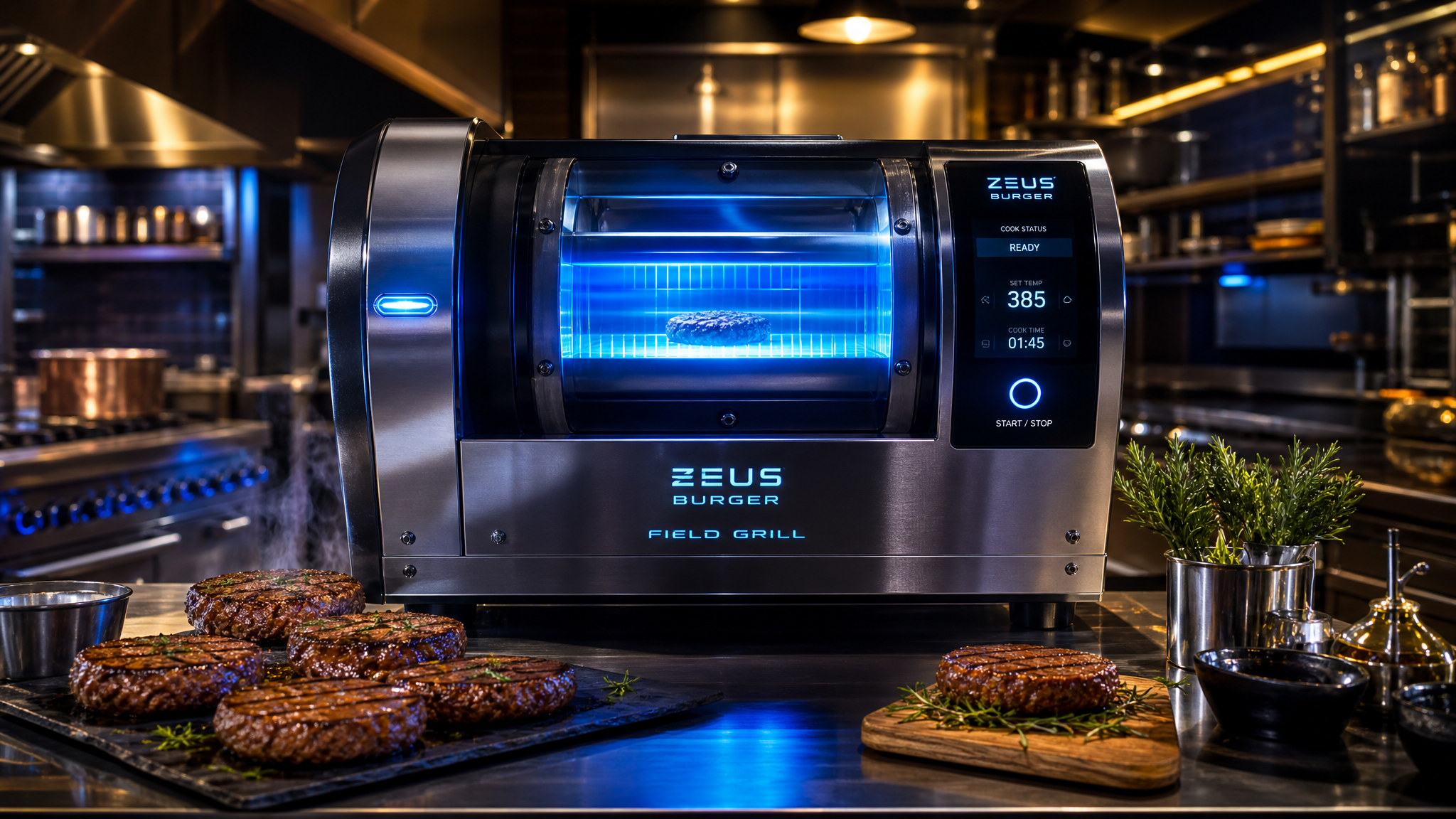 Zeus Burger commercial electric field grill in a professional restaurant kitchen with blue LED glow and perfectly cooked patties