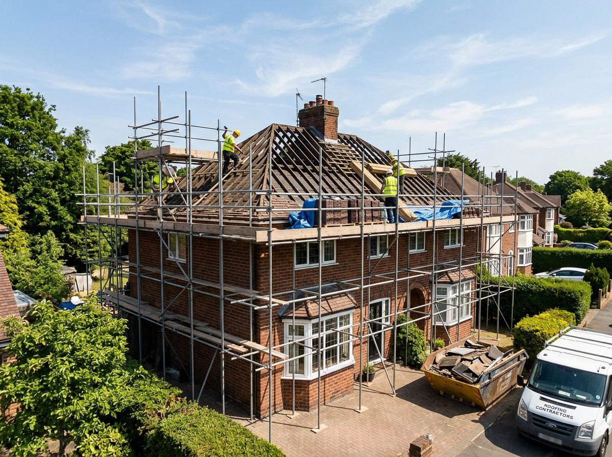 UK detached house with scaffolding during a full roof replacement