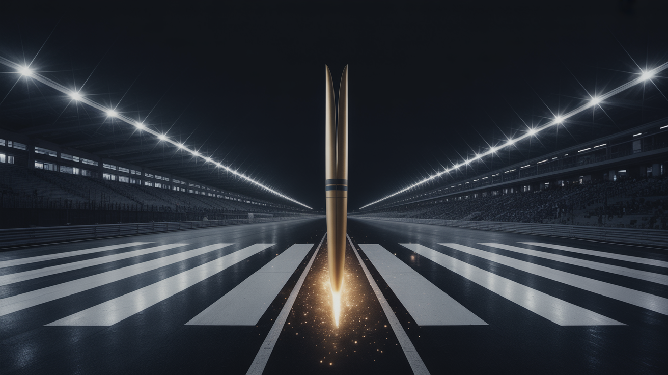Cinematisches Editorial-Visual einer dunklen Startbahn bei Nacht mit goldleuchtender Rakete beim Abheben – Symbol für Geschwindigkeit und Play-to-Win-Mentalität