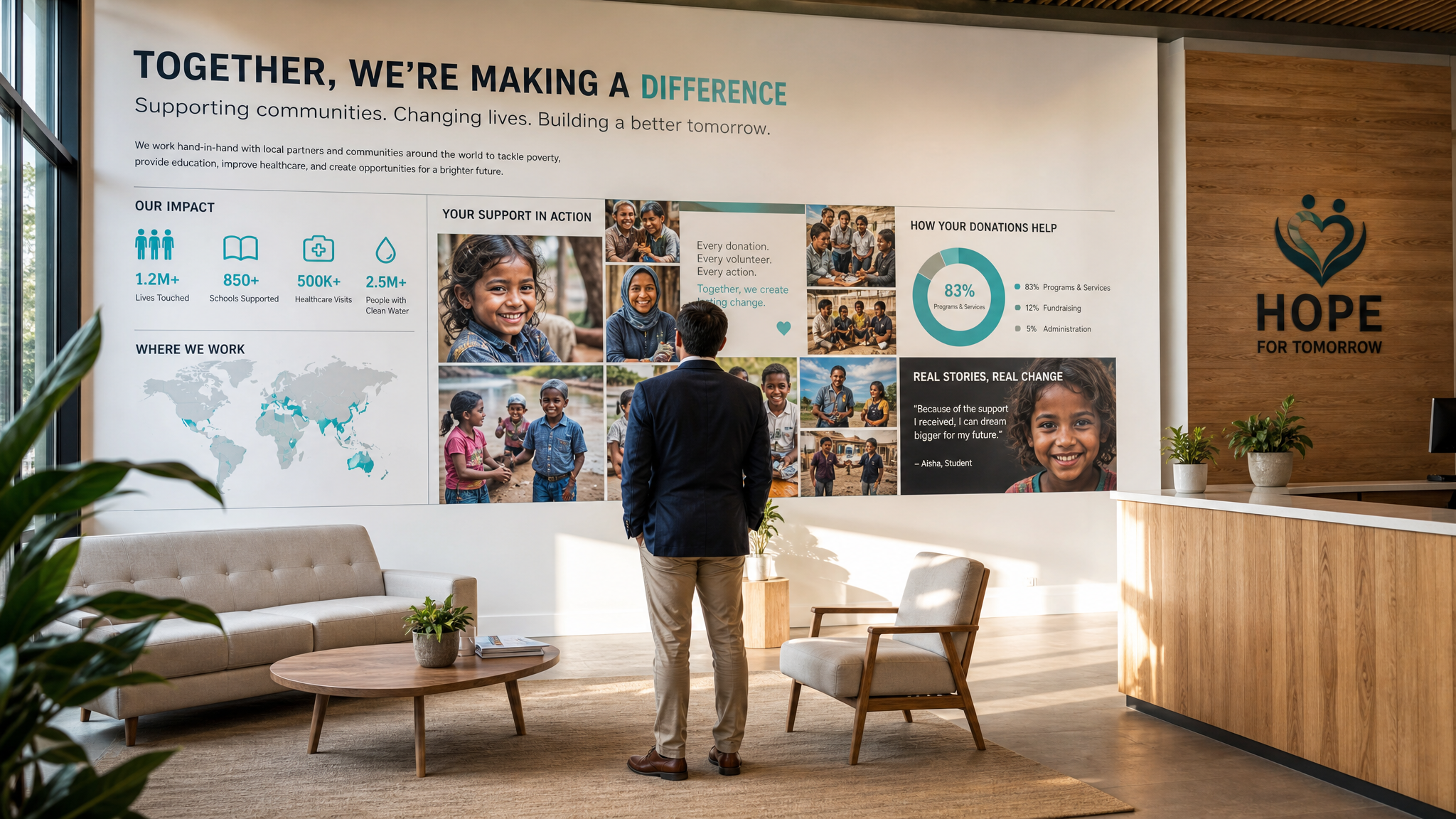 Museum-style wall graphic in a charity reception area