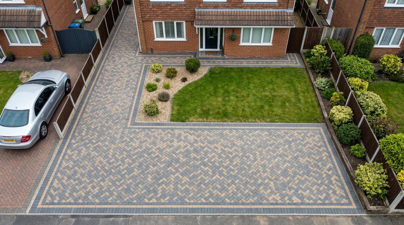 Aerial view of completed herringbone block paving driveway