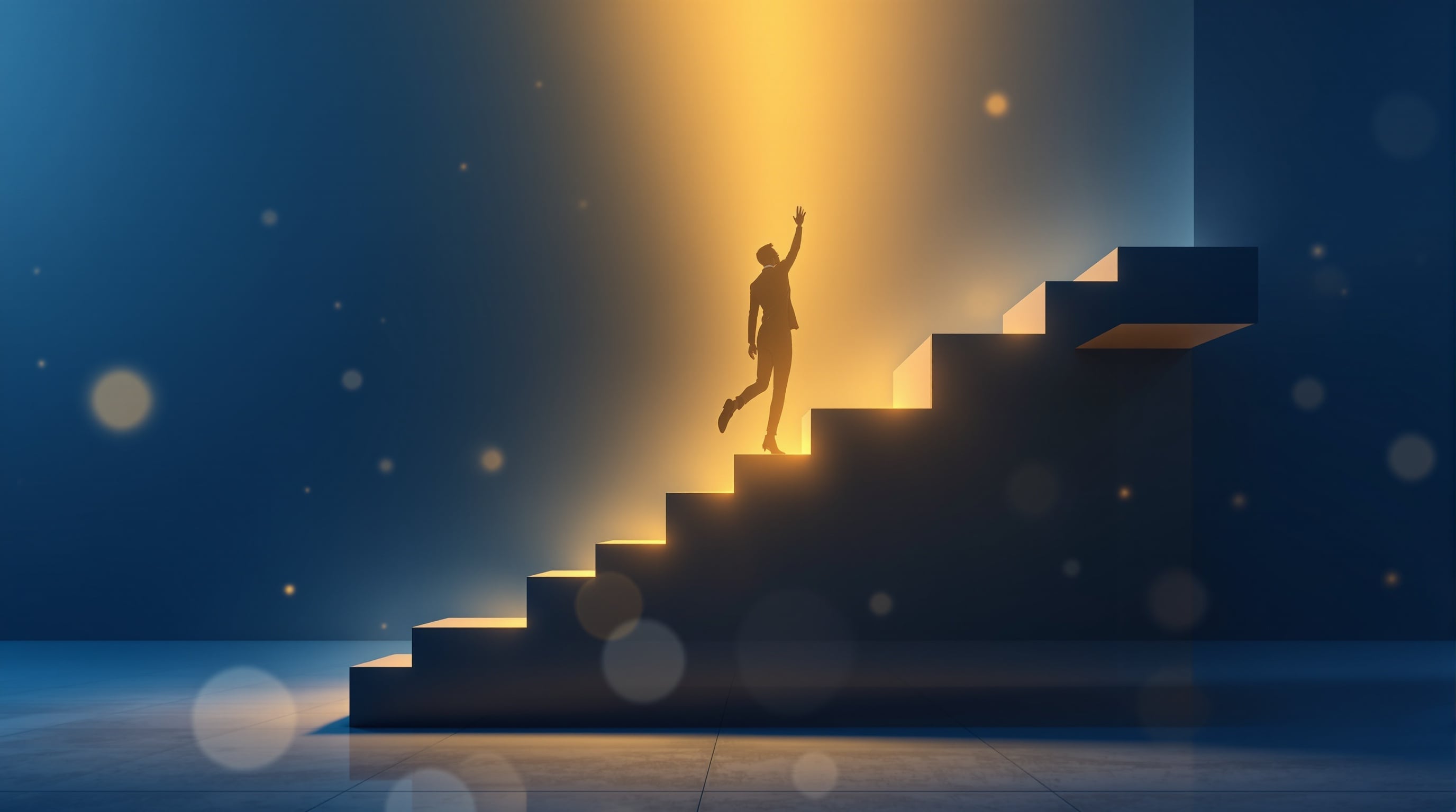 Transformação de carreira - pessoa subindo escadas em direção à luz