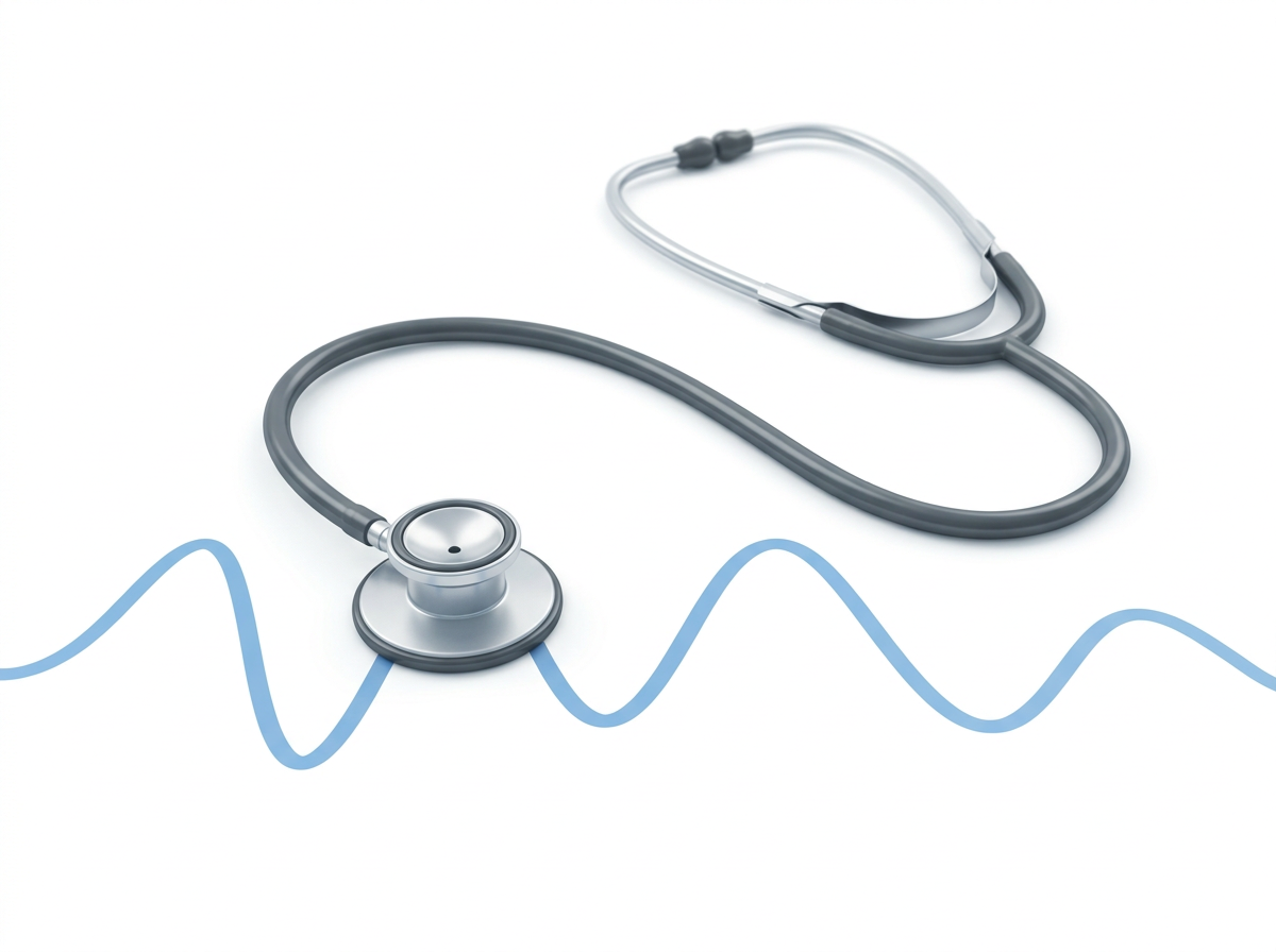 Illustration of a stethoscope over a smooth, normal cardiac waveform, indicating a clean cardiac workup