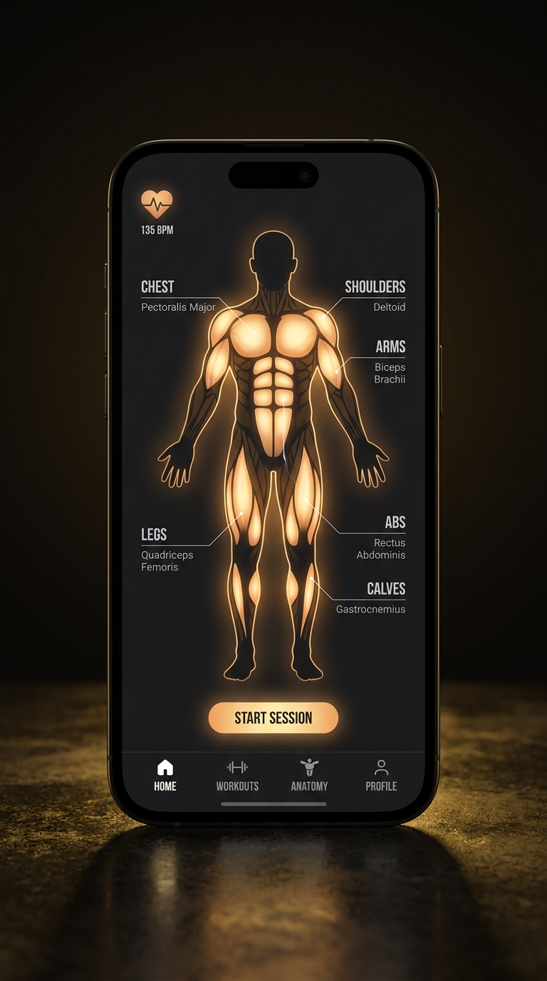 Muscle anatomy visualization showing highlighted muscle groups with gold and orange heat mapping