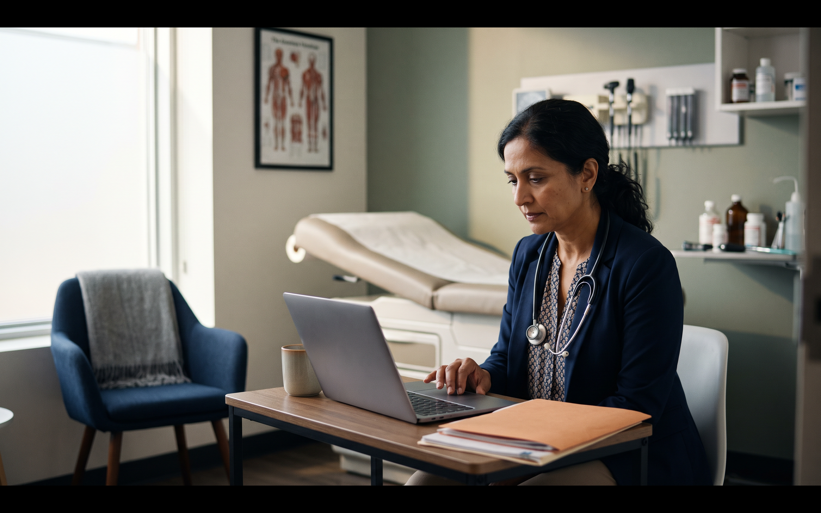 A primary-care physician reviewing a patient chart on a laptop in an exam room before the visit