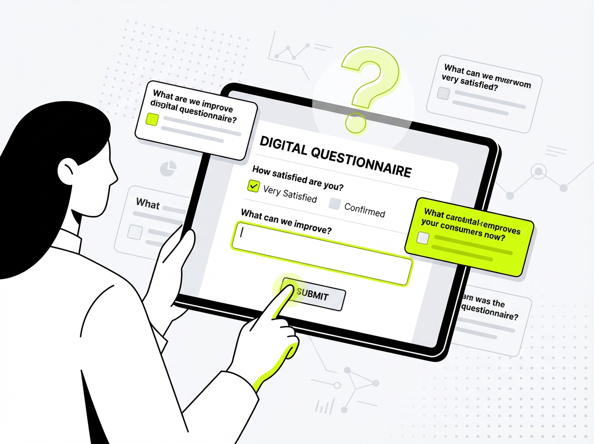 Person interacting with a digital marketing questionnaire interface with lime green accents