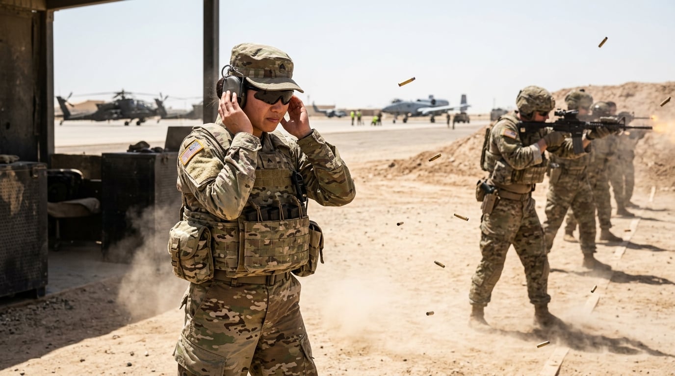 A woman service member on a firing line exposed to weapons noise