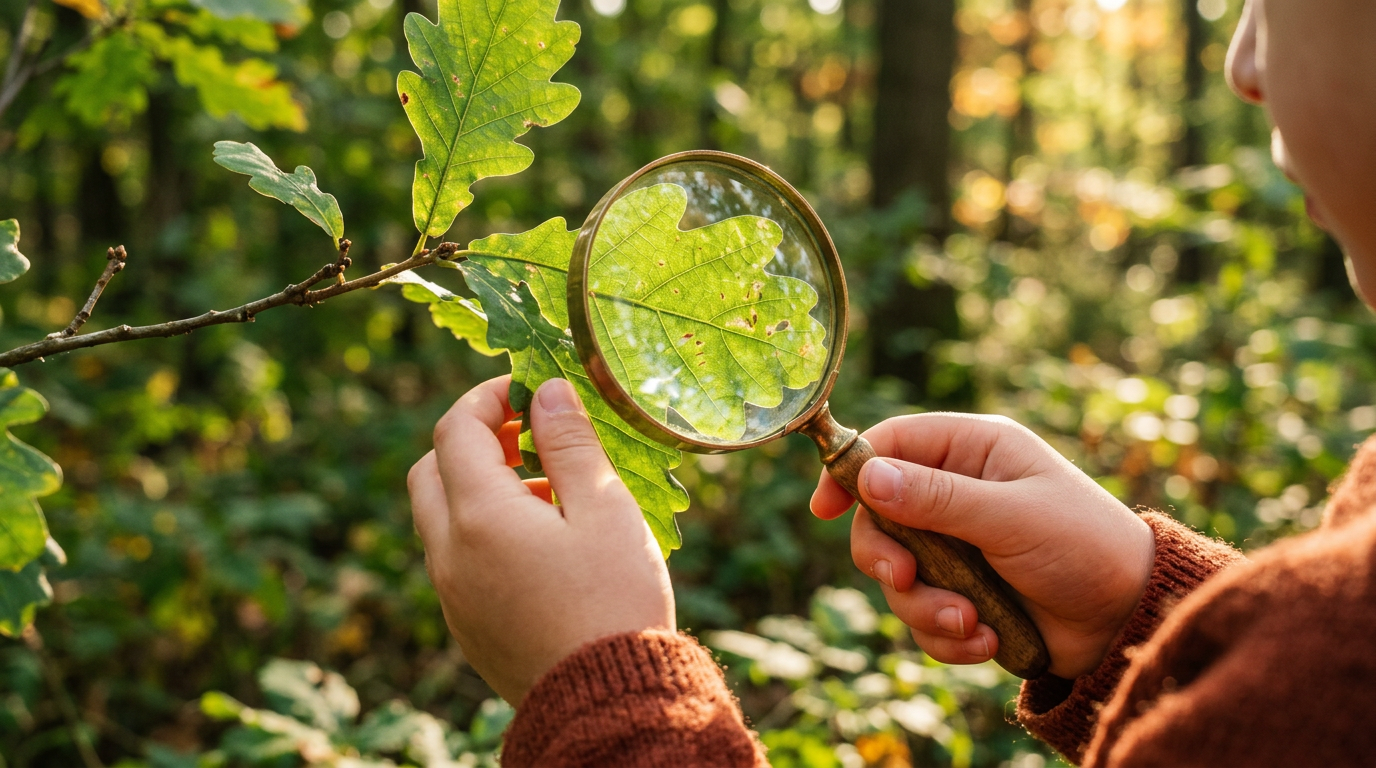 Child exploring nature with magnifying glass