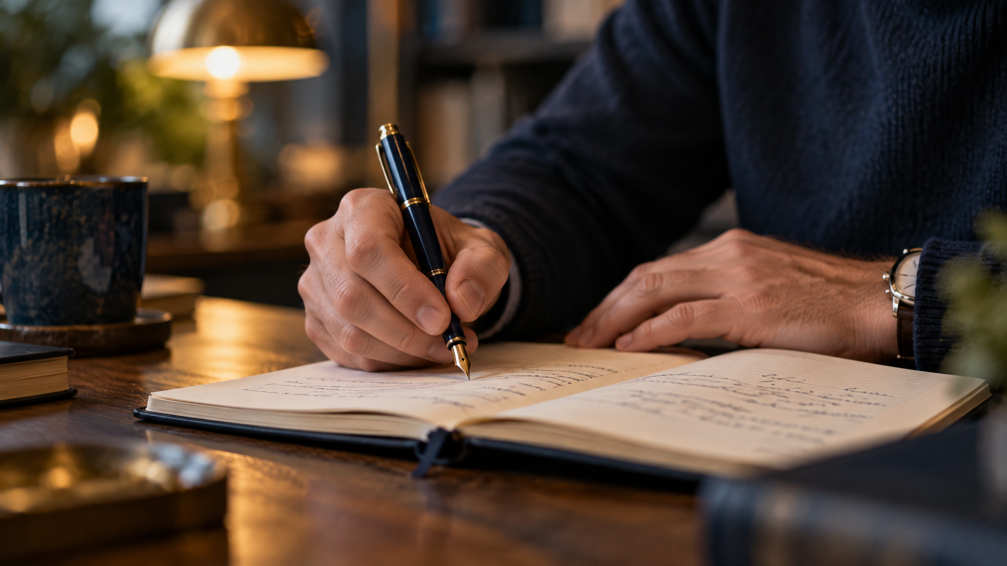 Mãos escrevendo em caderno de planejamento com luz quente ao fundo