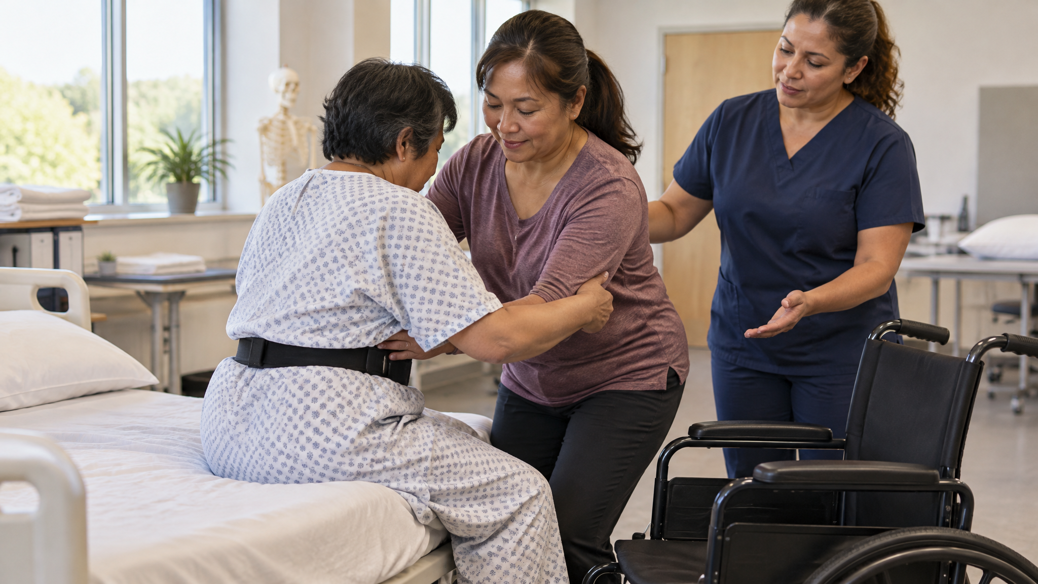A caregiver practicing a safe bed-to-wheelchair transfer with a nurse trainer