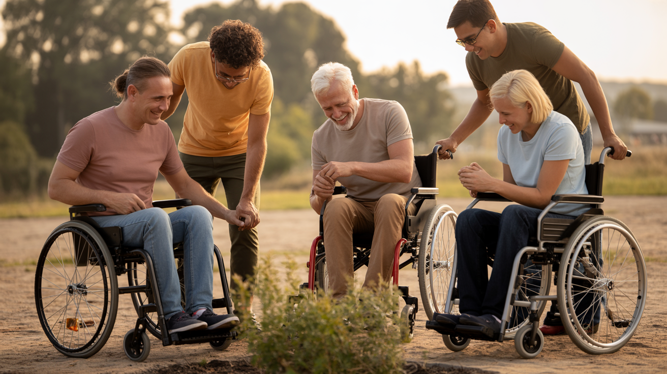 Menschen verschiedener Fähigkeiten arbeiten gemeinsam in der Natur