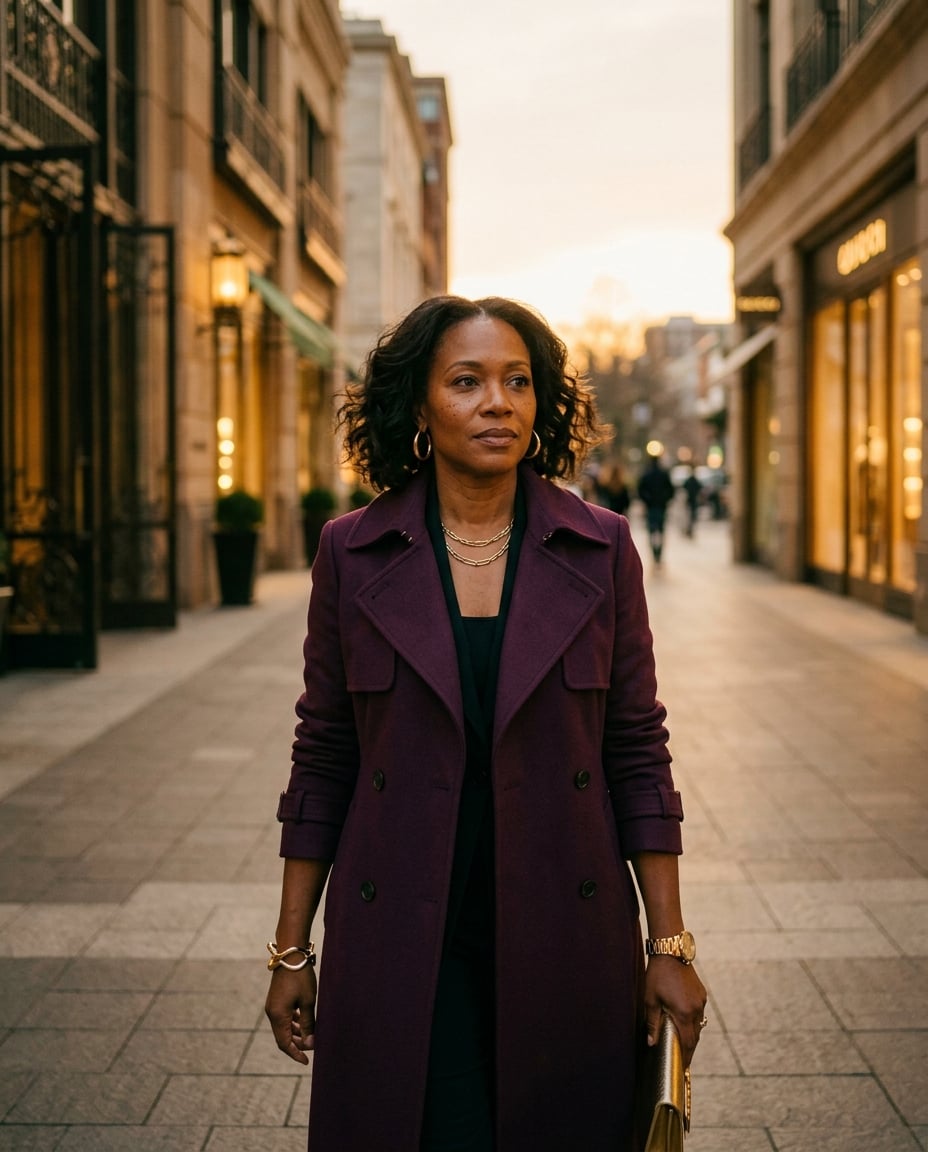 Dee walking confidently through an elegant urban setting in a purple coat