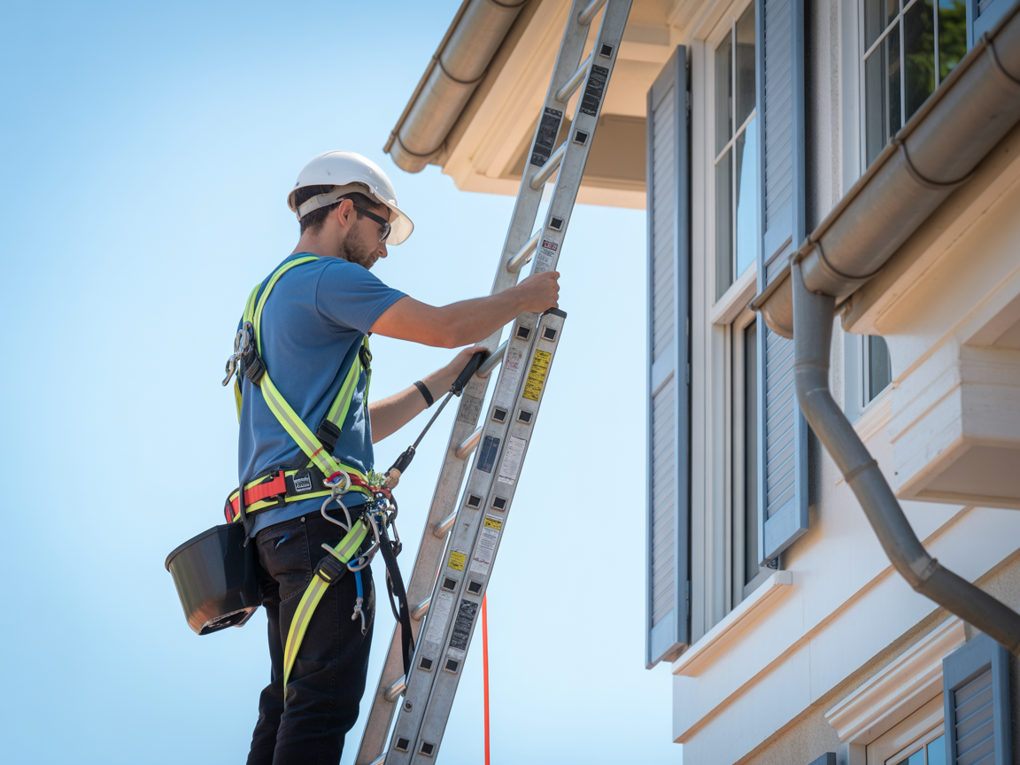 Professional technician with safety harness and PPE working on a residential home