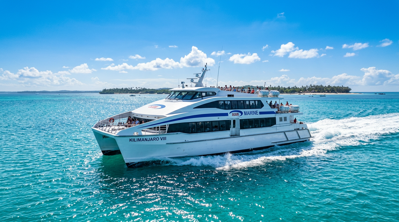 Modern catamaran passenger ferry cruising through turquoise East African waters