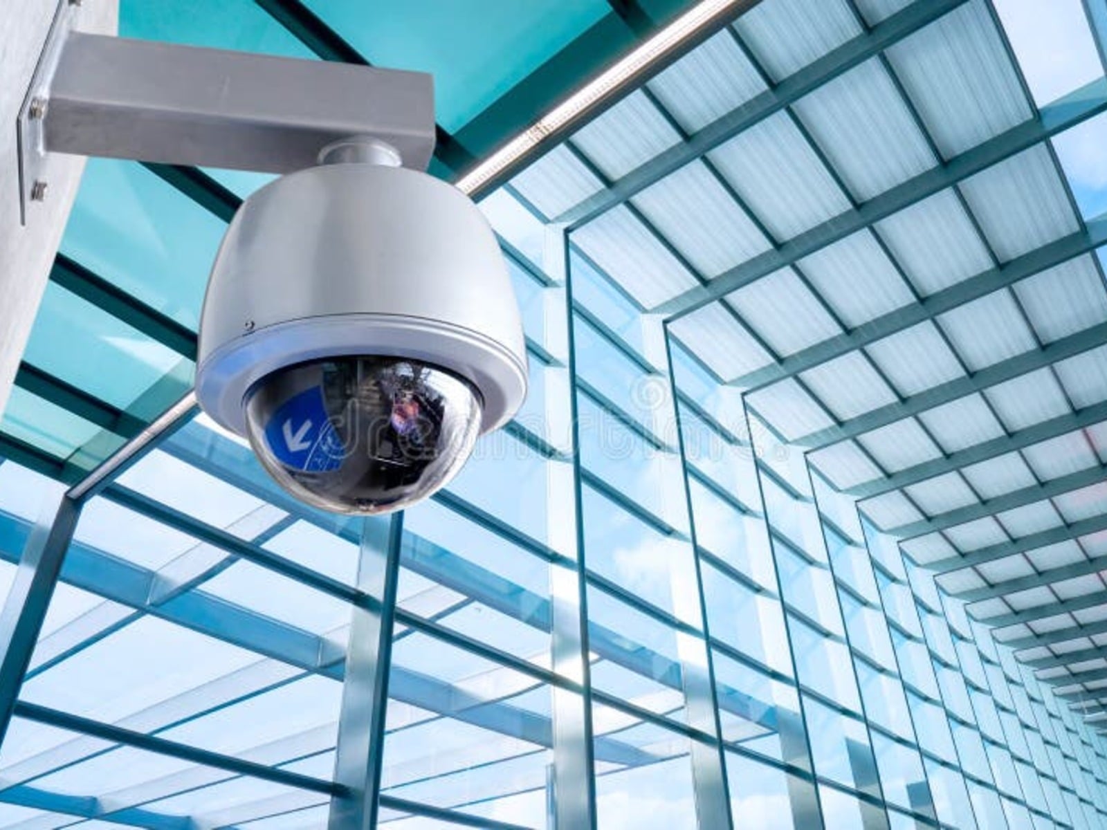 Commercial CCTV security camera mounted on modern Phoenix office building