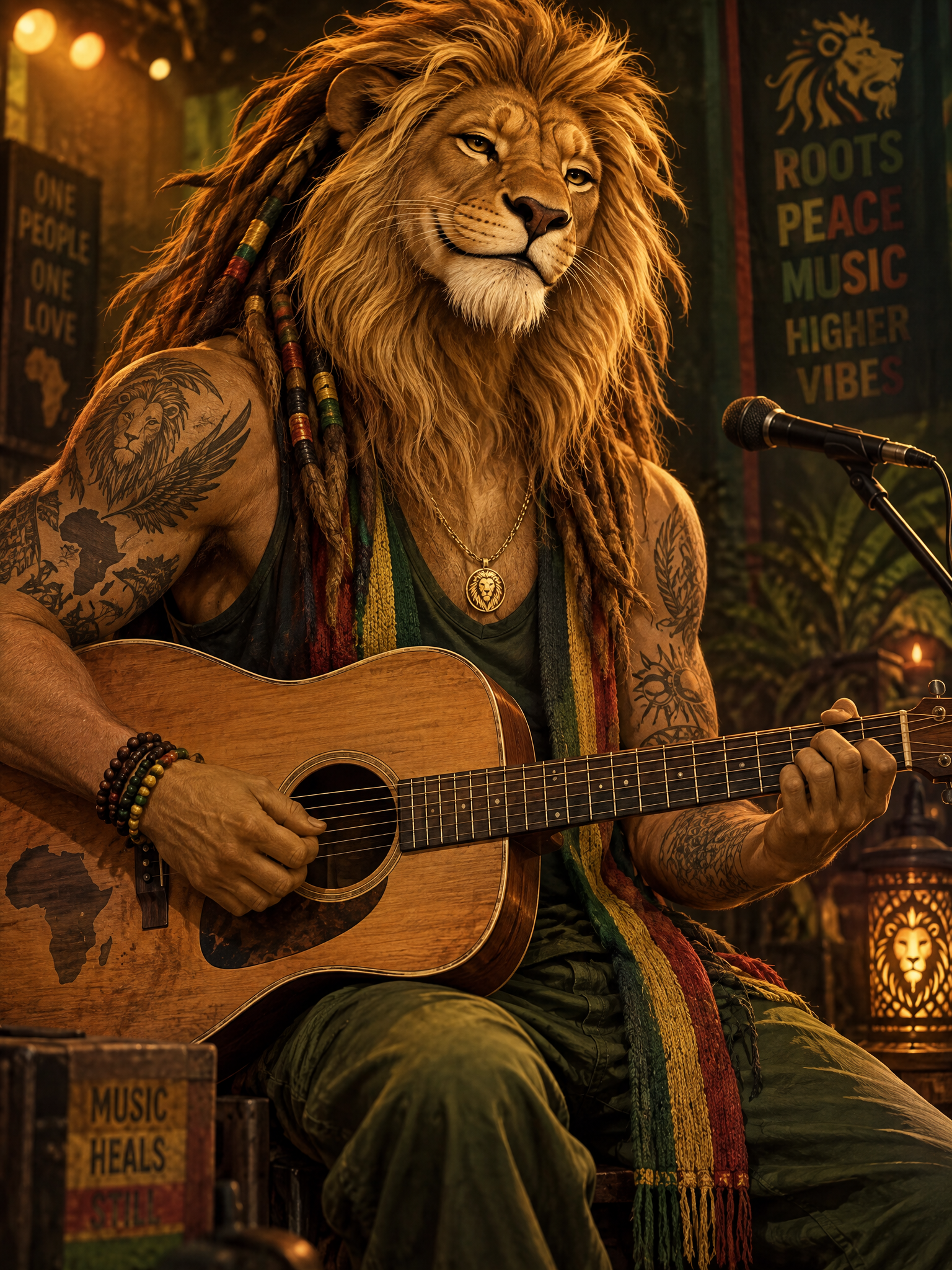 JAH.I lion avatar musician playing acoustic guitar in warm reggae lighting