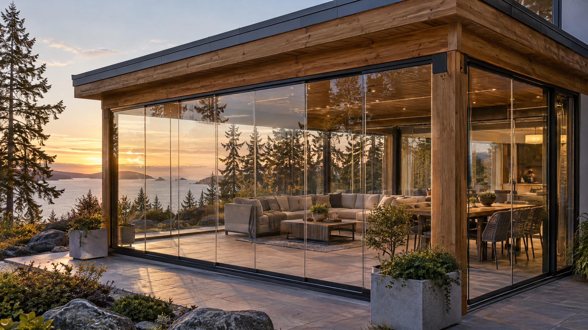 Modern pergola with transparent seasonal enclosure — concept imagery