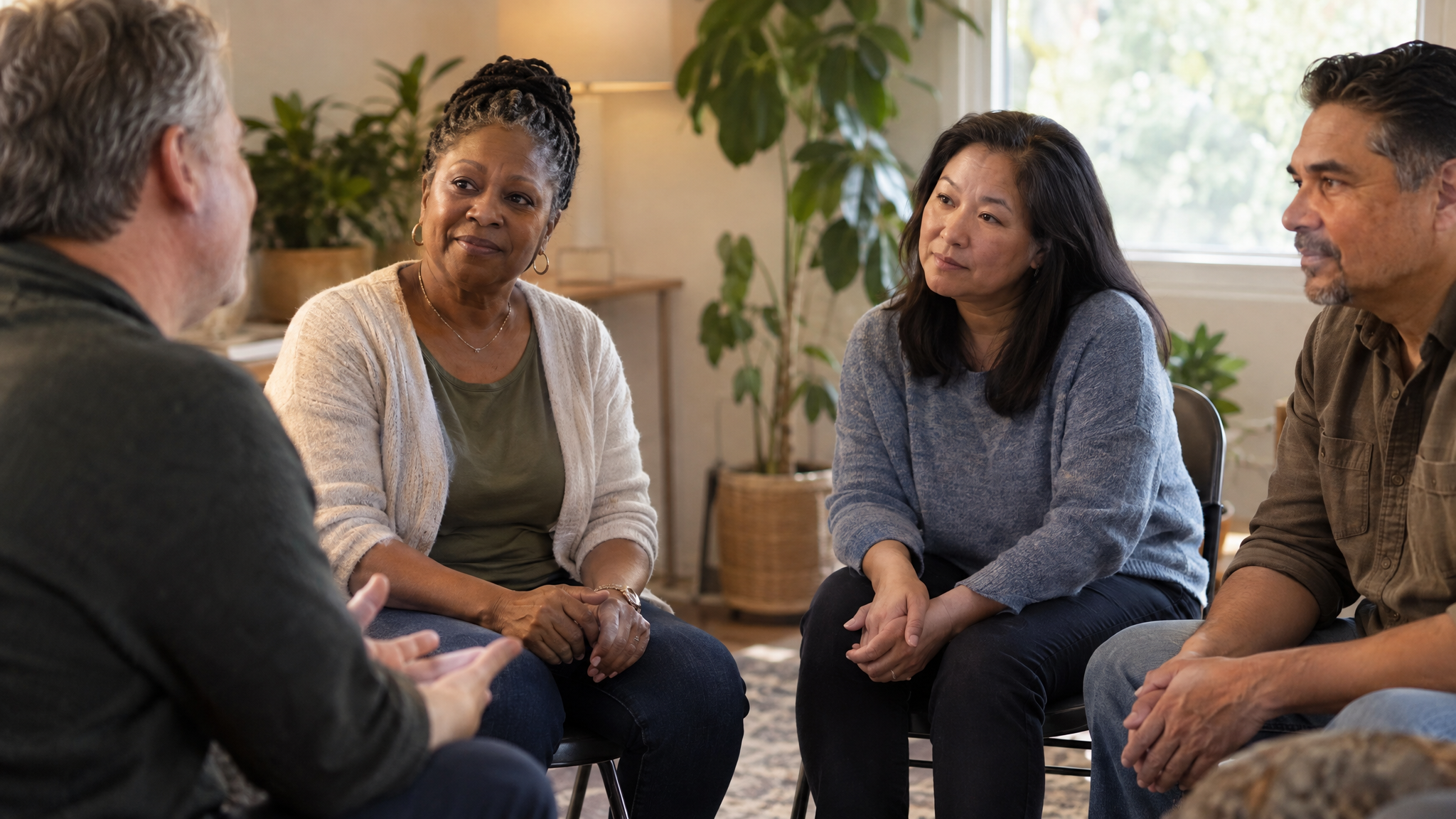 A caregiver listening in a small peer support circle with three other caregivers