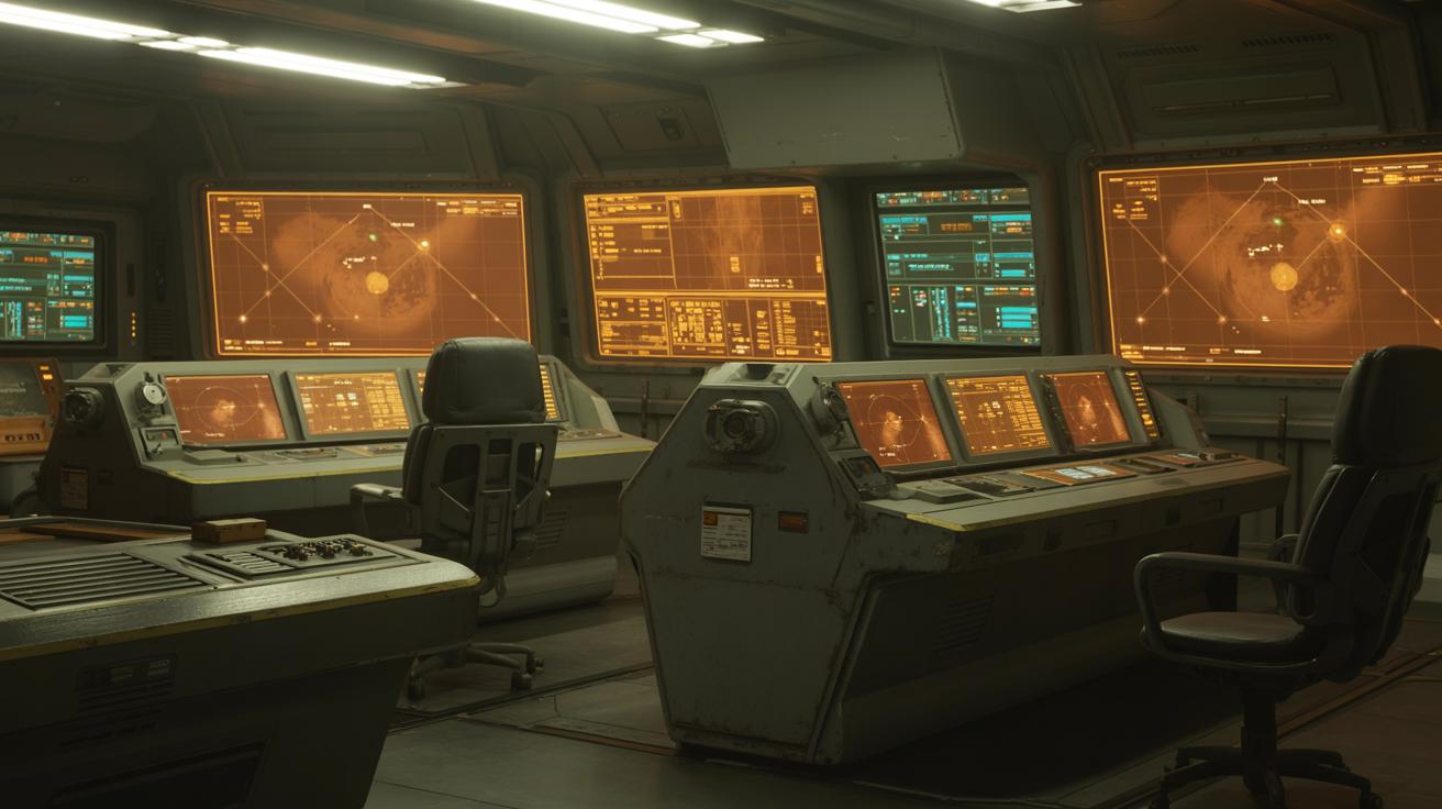 Mars station control room with amber displays