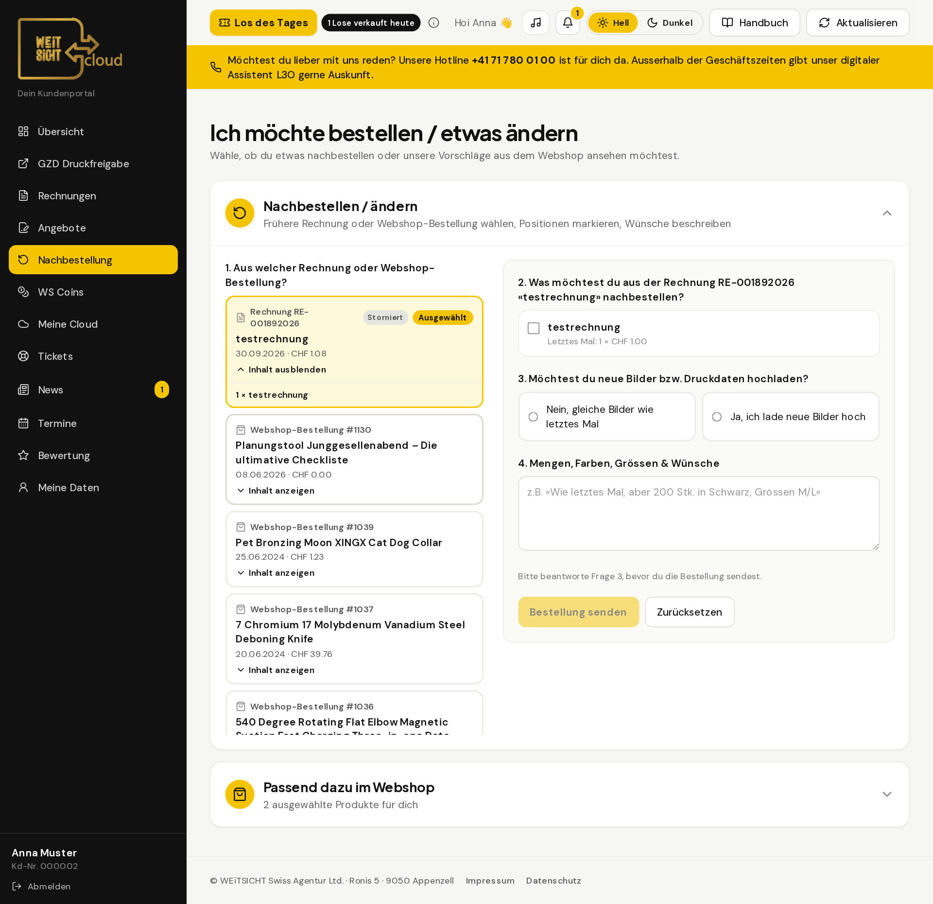 Bild 8: Links die Liste mit «Inhalt anzeigen», rechts die Fragen zur Nachbestellung.