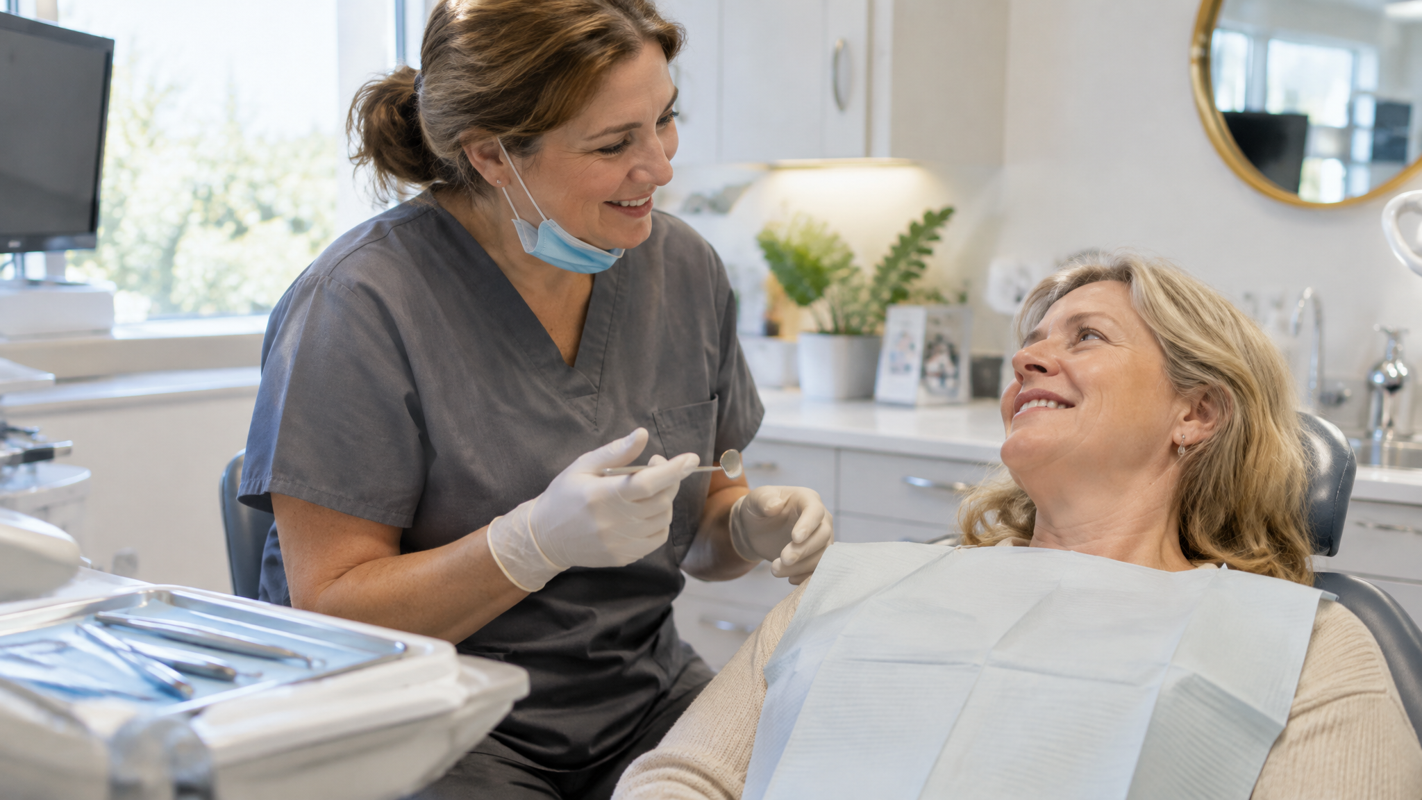 A smiling woman veteran in a dental chair with a female dental hygienist