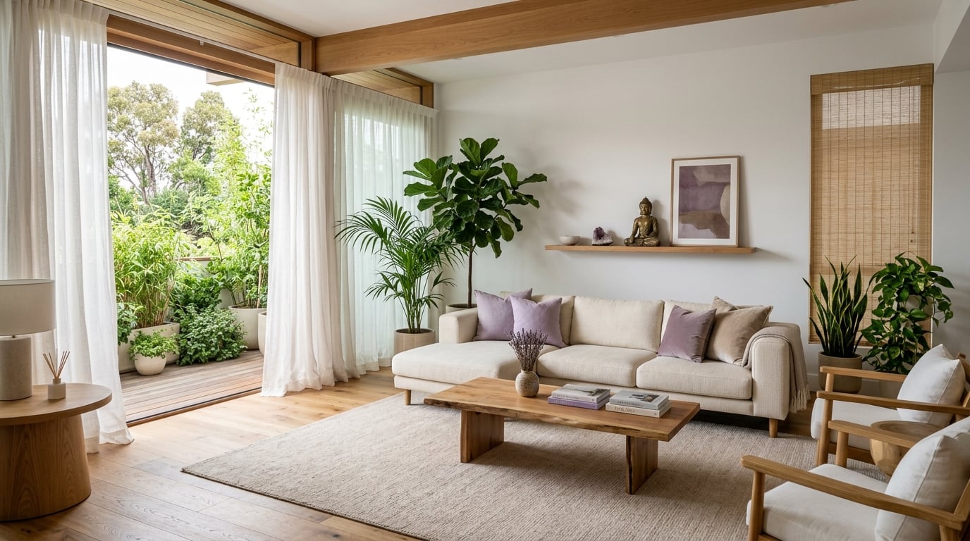 Serene Feng Shui living room with plants and natural light demonstrating good home energy