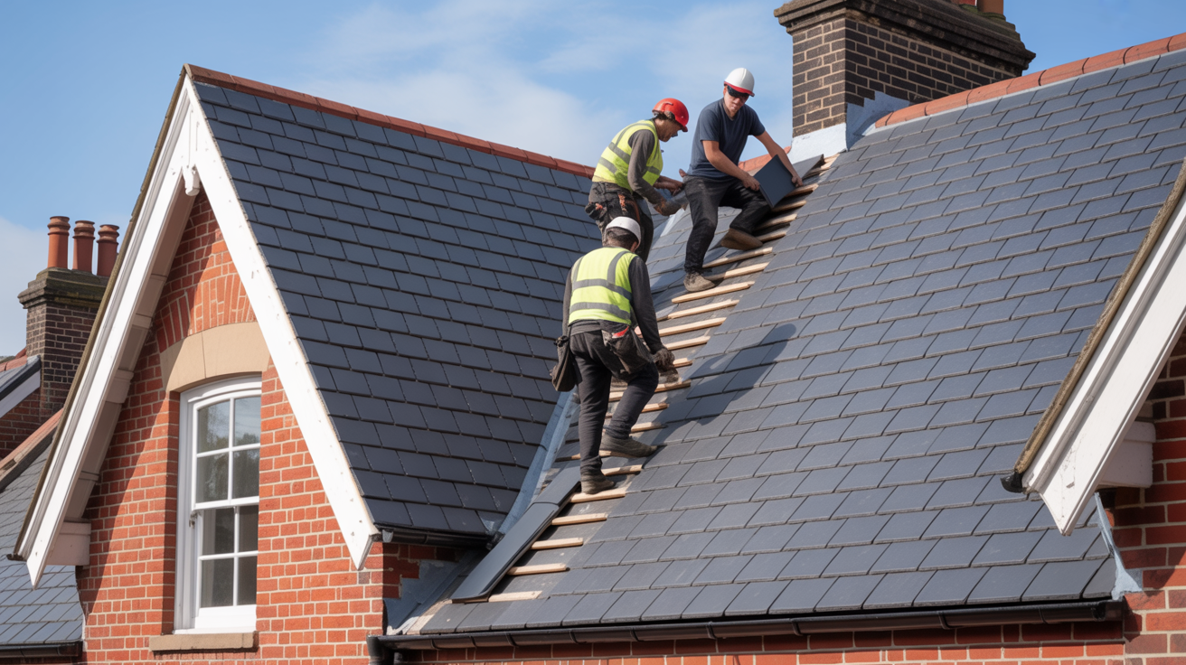 Professional roofing team installing Welsh slate tiles on Victorian house