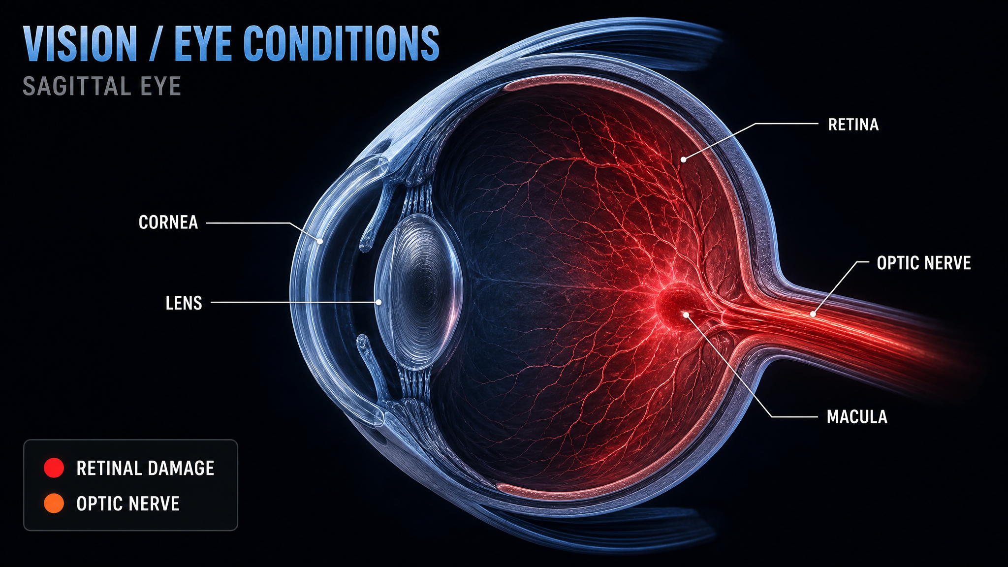 Sagittal eye cross-section diagram showing retinal and optic nerve damage