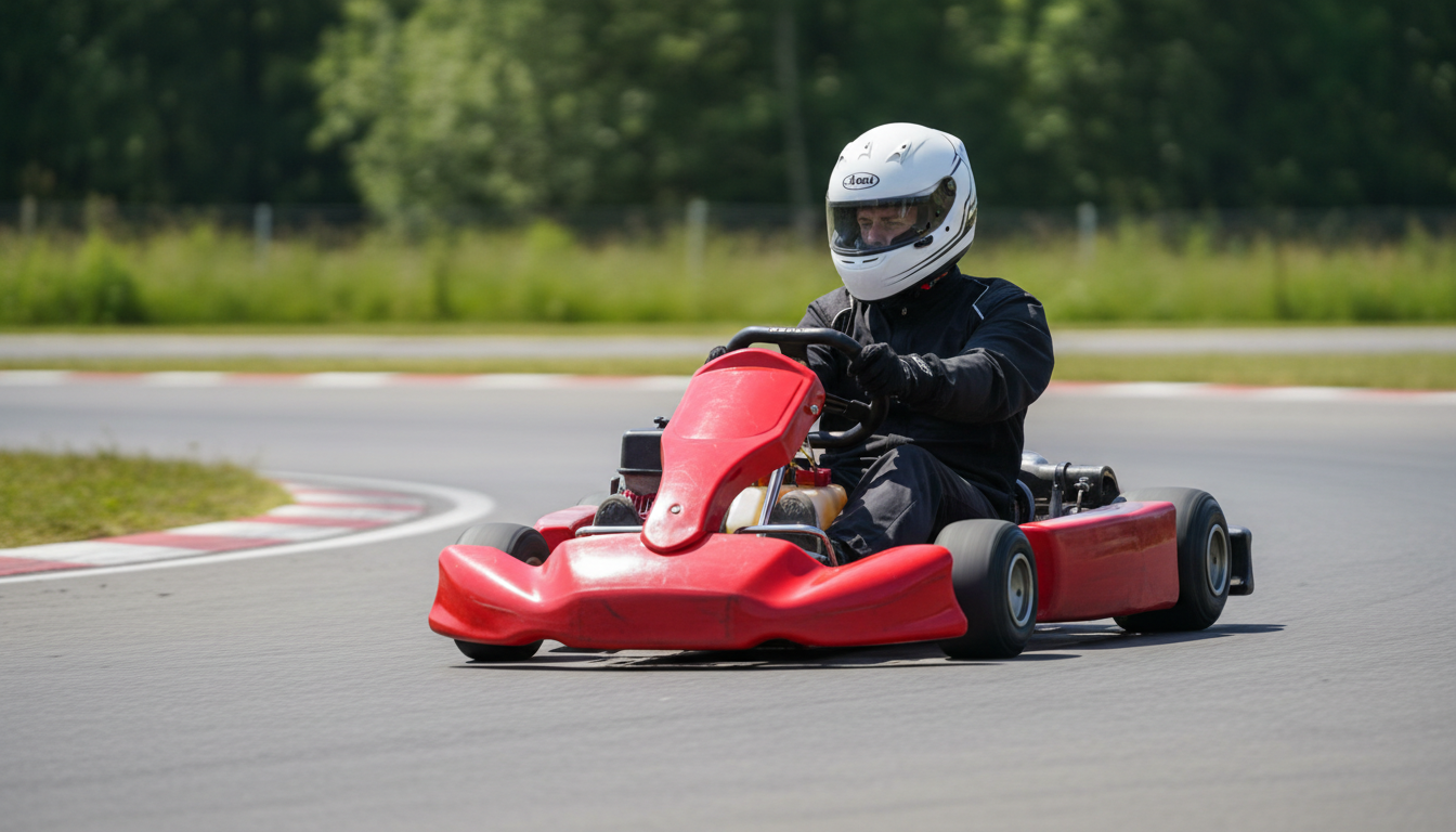 Piloto iniciante em kart rental em pista outdoor com capacete e luvas