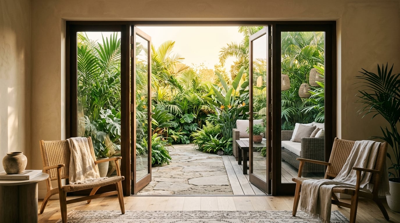 Open doors leading to tropical garden terrace
