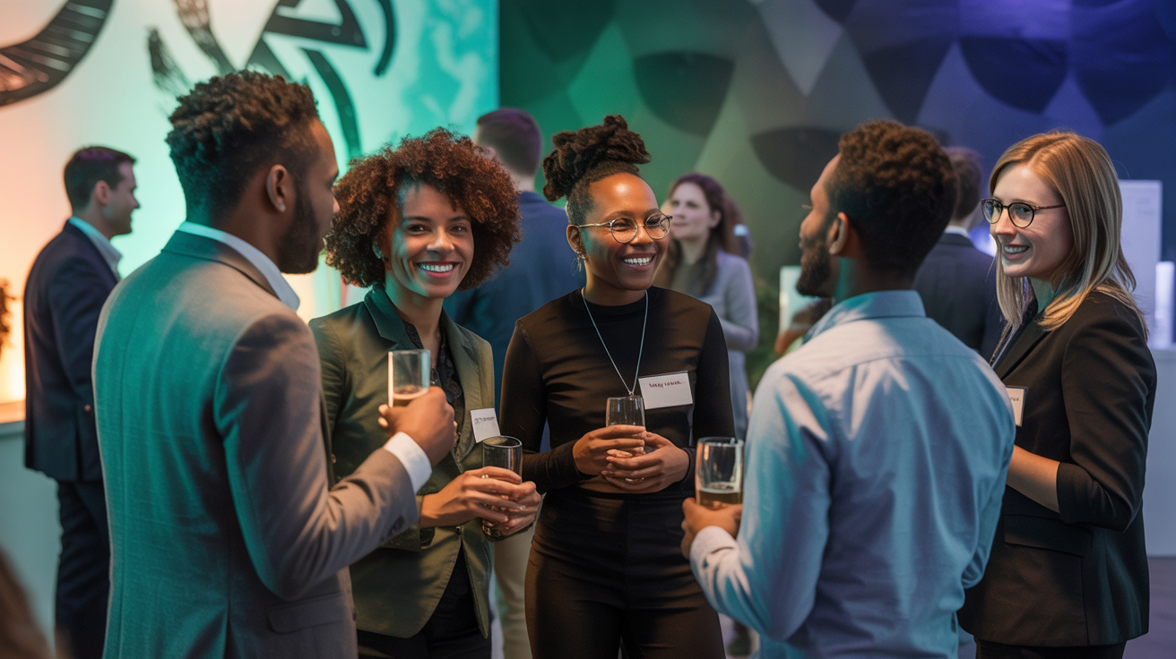 Diverse professionals networking at a cultural event