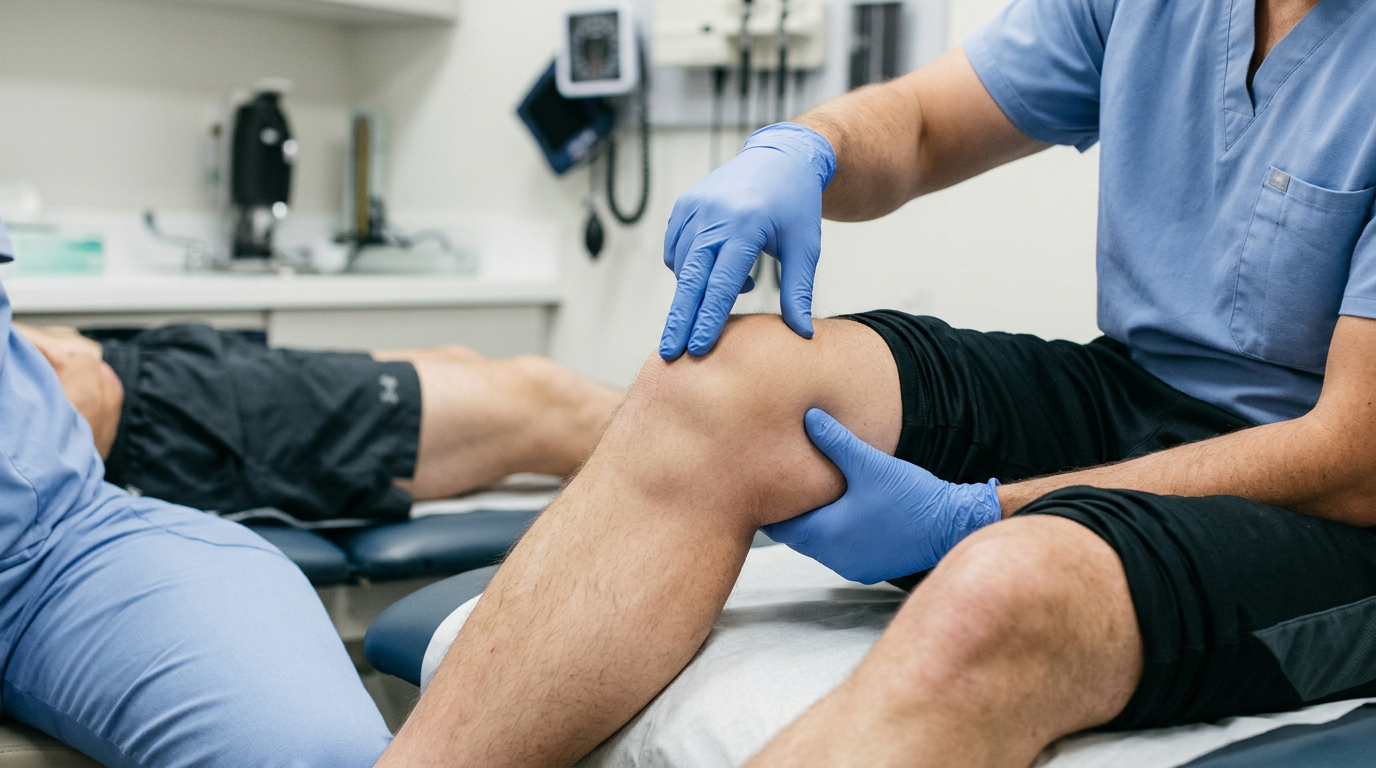 Clinical photograph of an examiner pressing on the patella of a slightly swollen knee to perform the ballottement effusion test