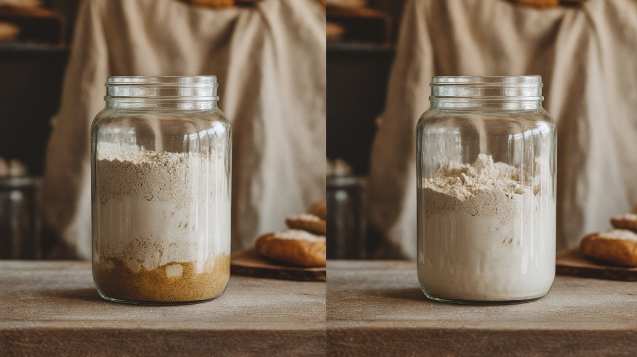 Two glass jars showing 1:2:2 and 1:3:3 sourdough starter feeding ratios side-by-side