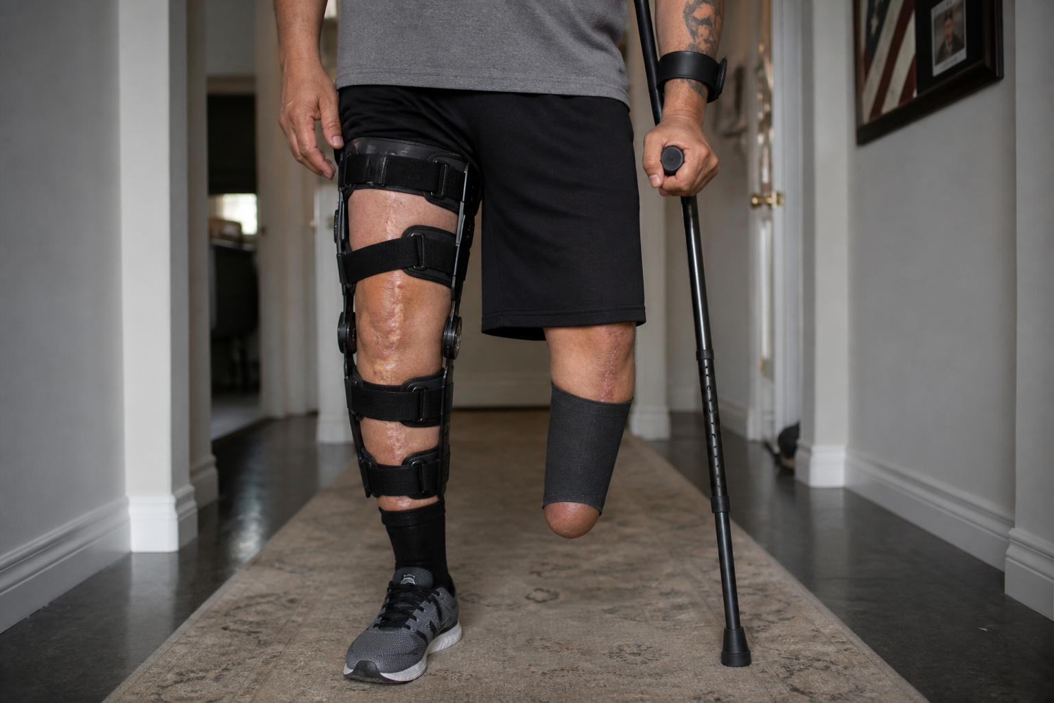 Veteran with bilateral leg injuries wearing a knee brace and using a crutch