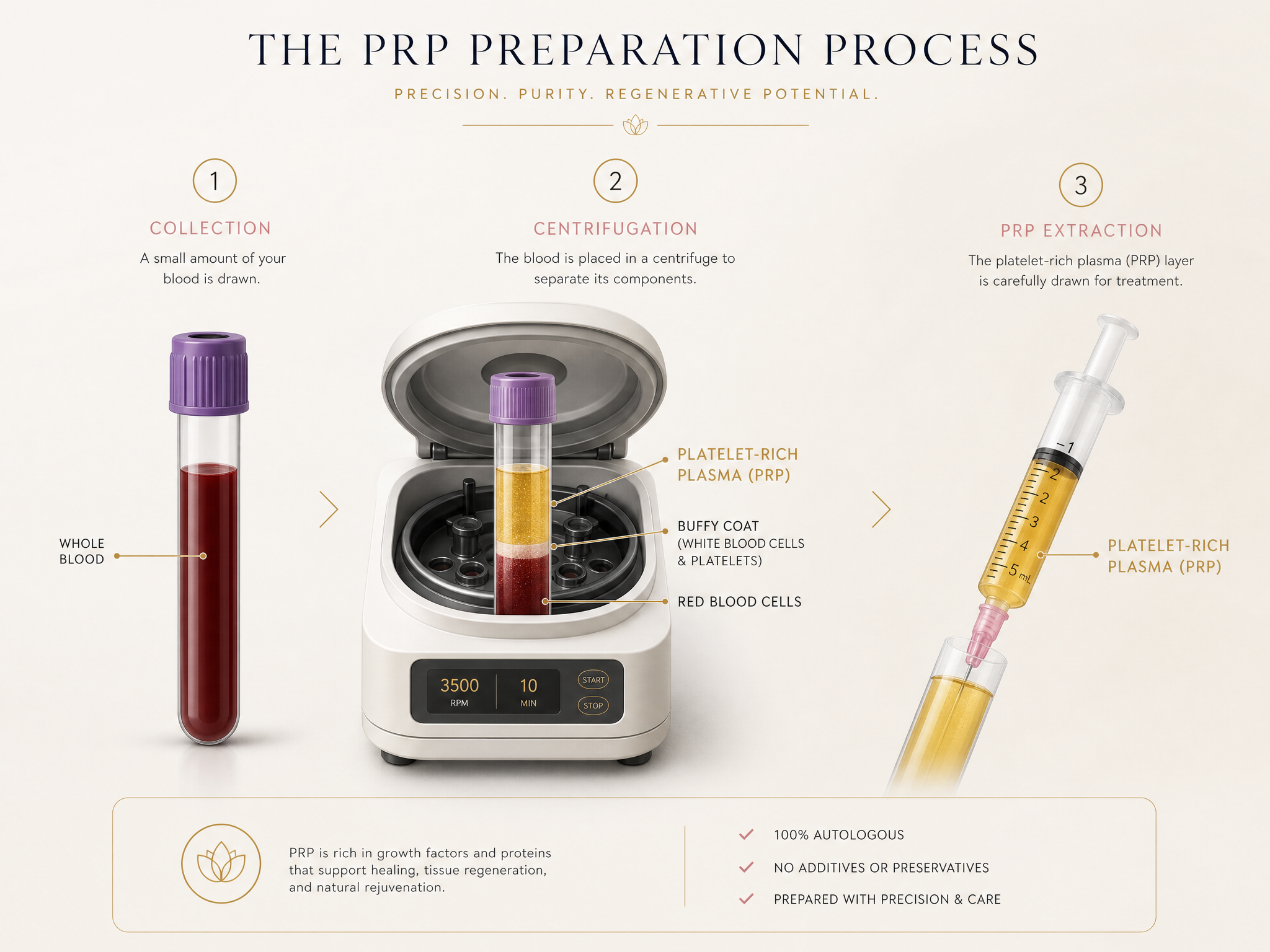 Medical illustration of the platelet-rich plasma (PRP) preparation process, from blood draw to centrifuge to plasma syringe