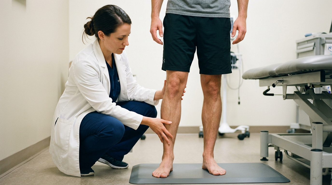 Photograph of a clinician assessing a standing patient's lower-leg alignment from the front