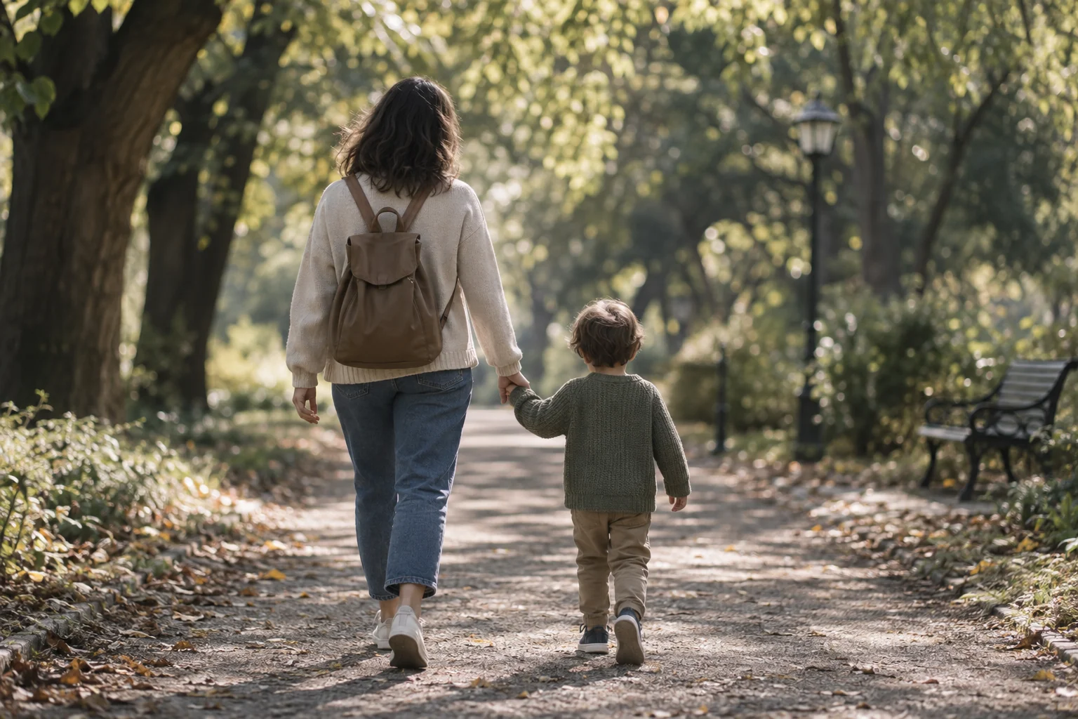A parent and child walking together along a tree-lined path