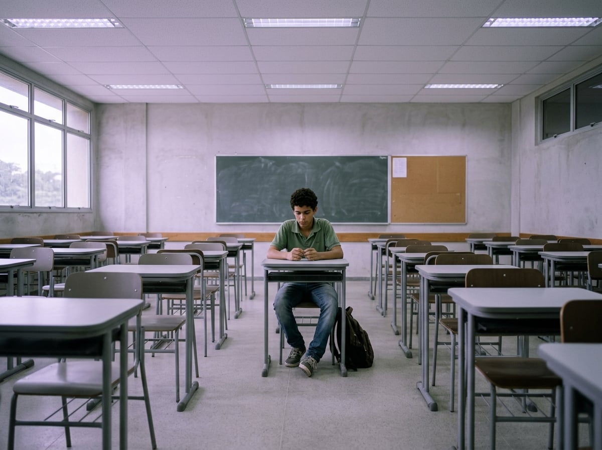 Adolescente pensativo em sala de aula