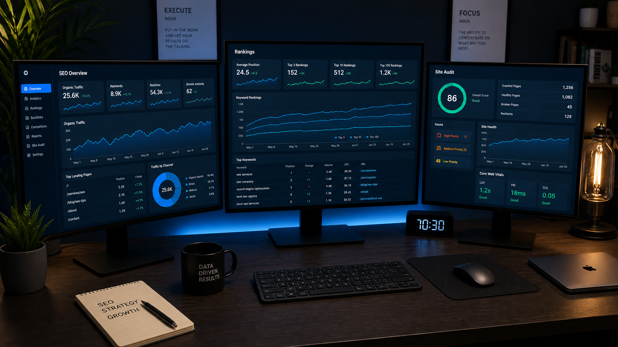 Professional digital marketing workspace with multiple monitors showing SEO analytics, search rankings, and website performance metrics
