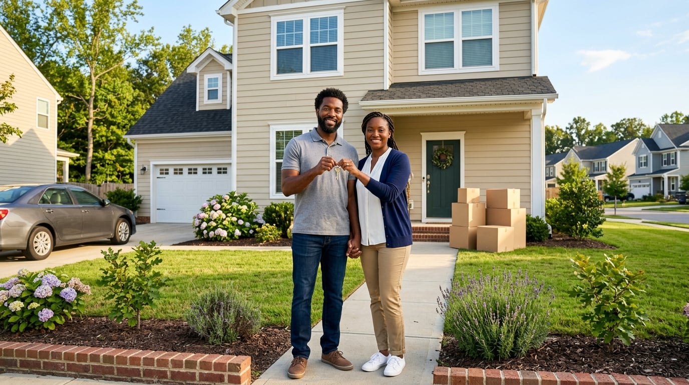 Black Air Force veteran couple standing in front of their newly purchased home holding keys