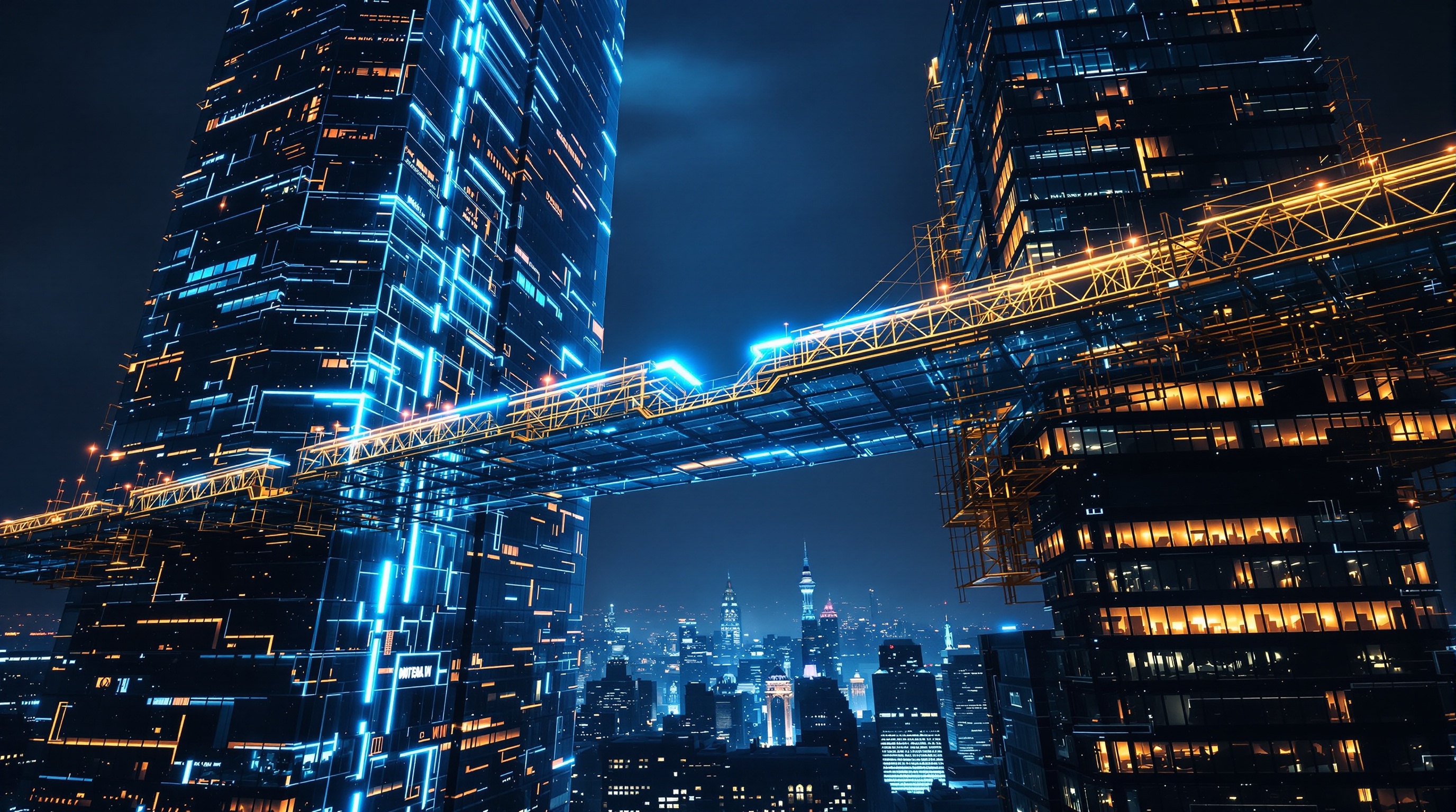 Halbfertige Brücke zwischen zwei Hochhäusern als Symbol für die Integrationslücke