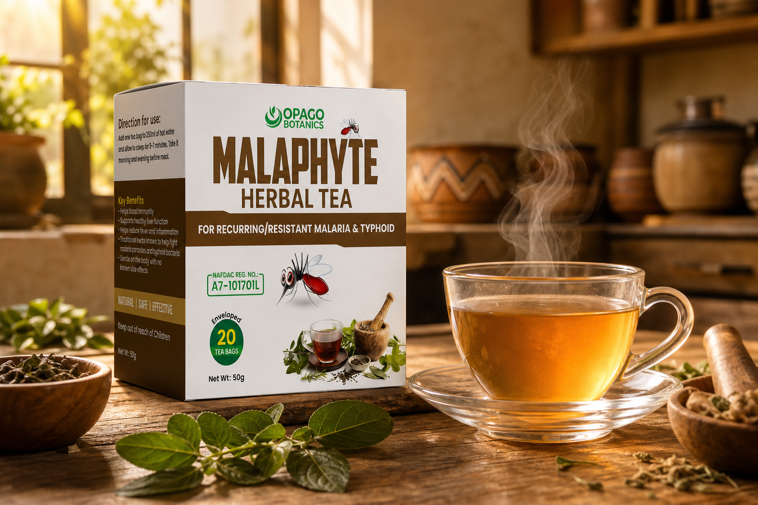Malaphyte Herbal Tea in a warm kitchen setting